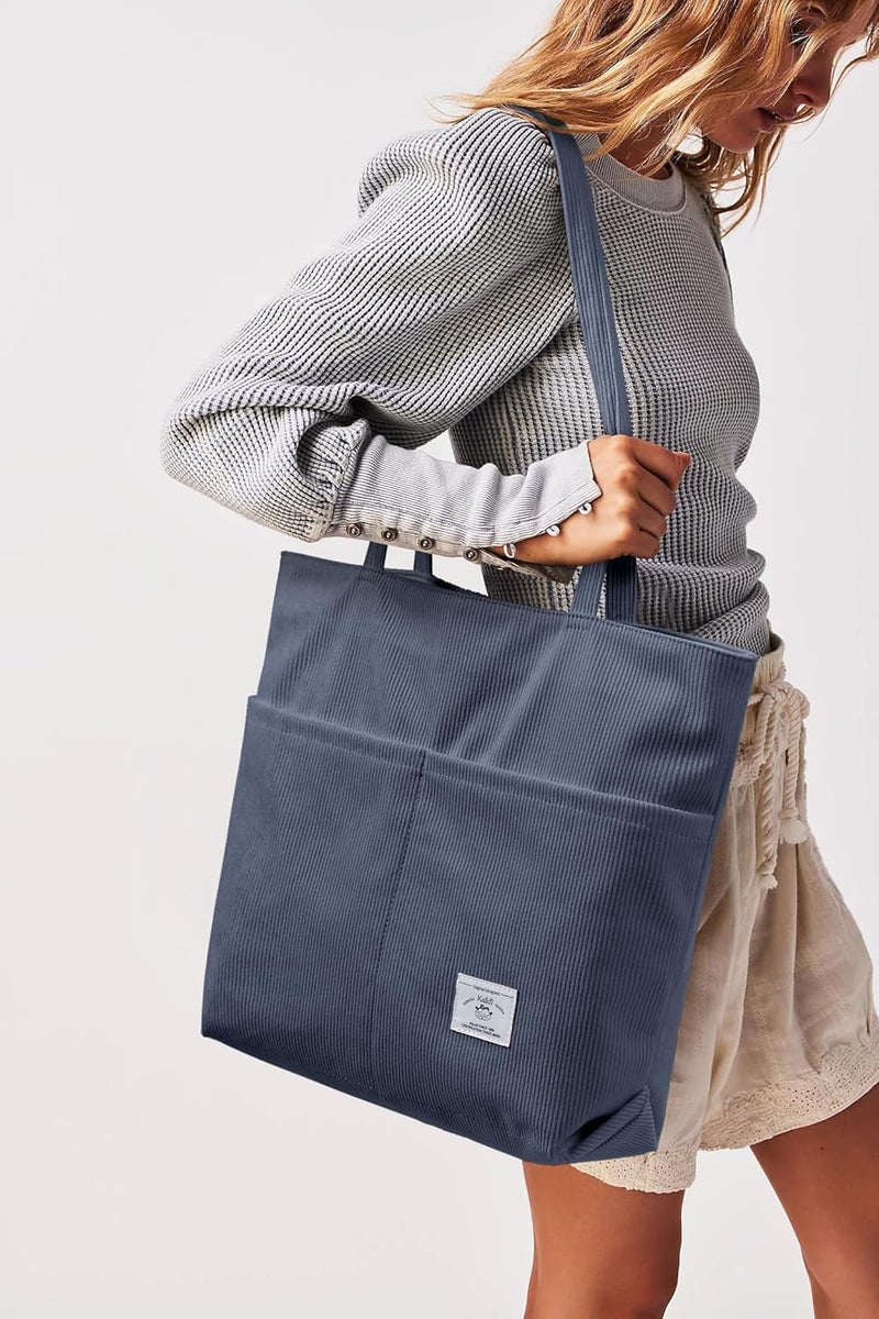 KALIDI FANCY FOREST KALIDI Women Corduroy Tote Bag Zipper Casual Tote's Handbag Big Capacity Shoulder Bag with Pockets - Image 2